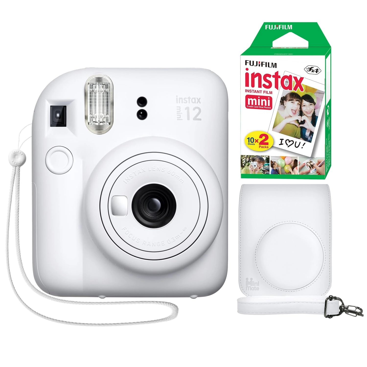 Instax Mini 12 - Clay White + Carrying Case + Instax Mini Film - 40 Sheets + Photo Album - 64 Pockets
