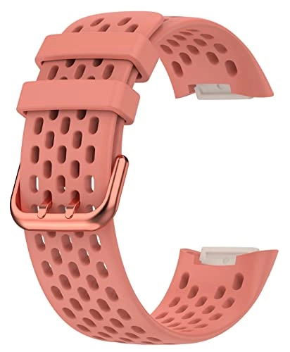 Watch Band for Fitbit Charge 5 - Silicone Stainless Steel Buckle Coral Red