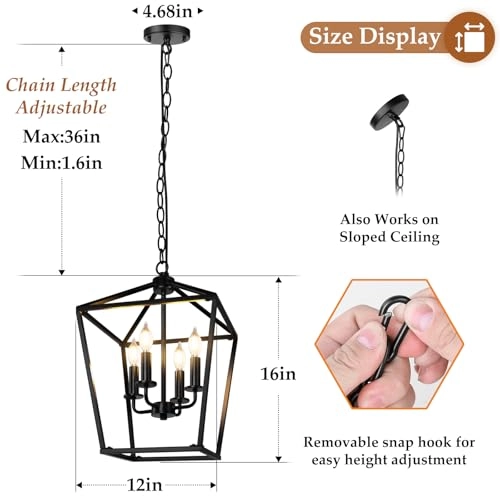 Farmhouse Chandelier - 4-Light Black Adjustable Height