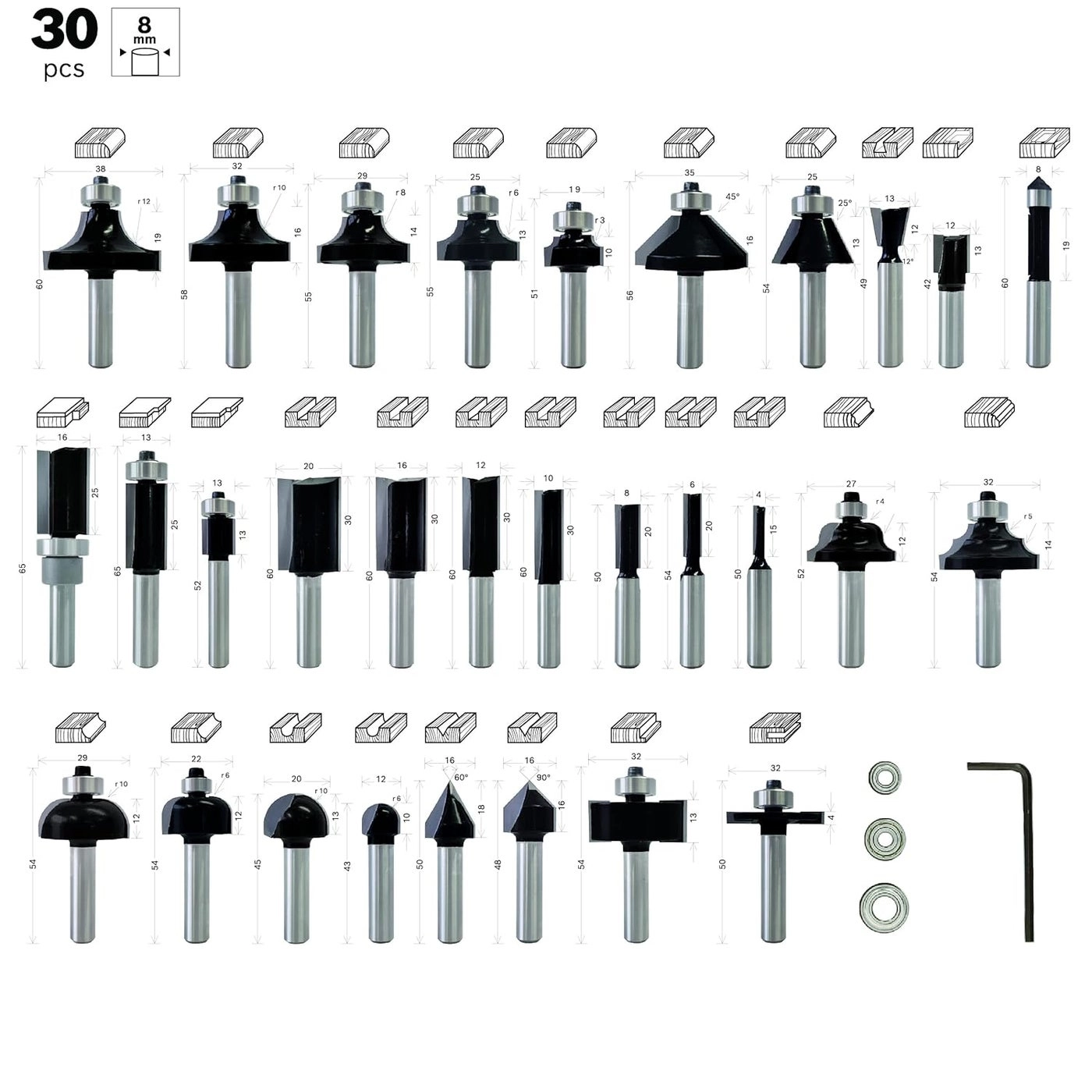 Router Bit Set - 8Mm 30 Pcs
