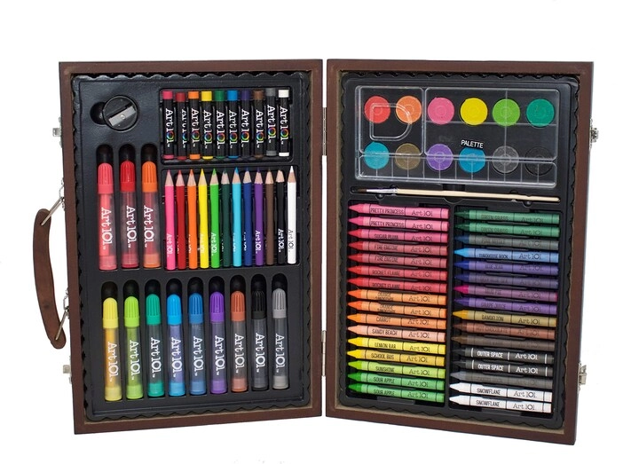 Art 101 Usa Wood Art Set - 82 Piece 32 crayons, 12 broad line markers, 12 color pencils, 12 watercolor cakes, 10 oil pastels, portable wood case, mixing palette