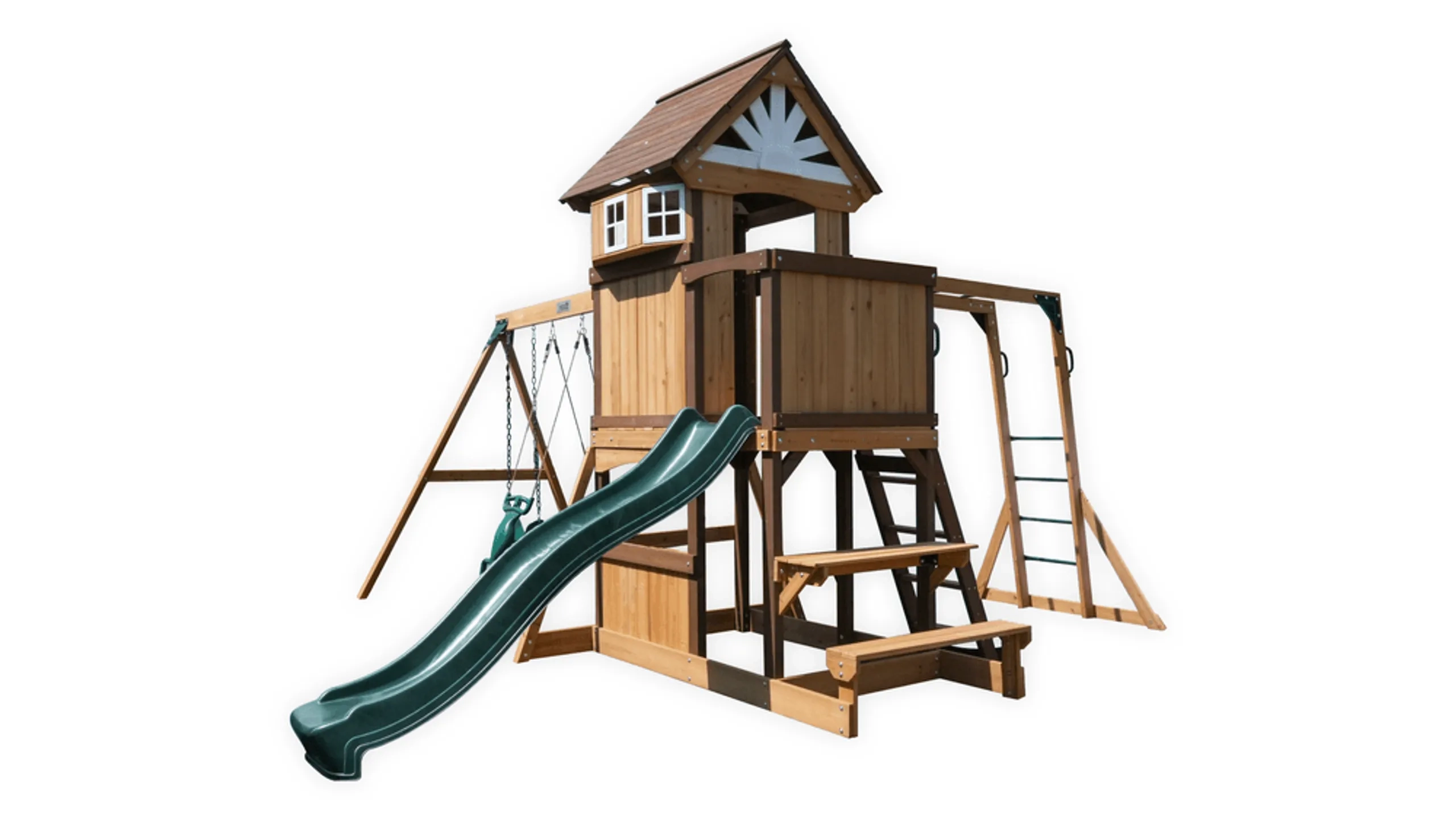 Dynamic Sports Arabian Tahr Wooden Swing Set - 10' Wave Slide 3-position Swing Beam