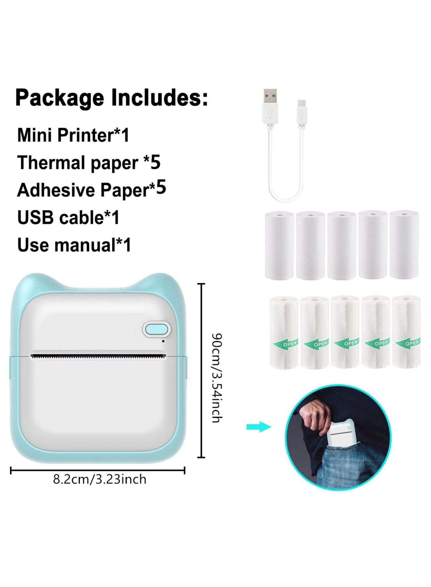SYOSI Mini Thermal Printer - Portable 5 Rolls of Thermal Paper