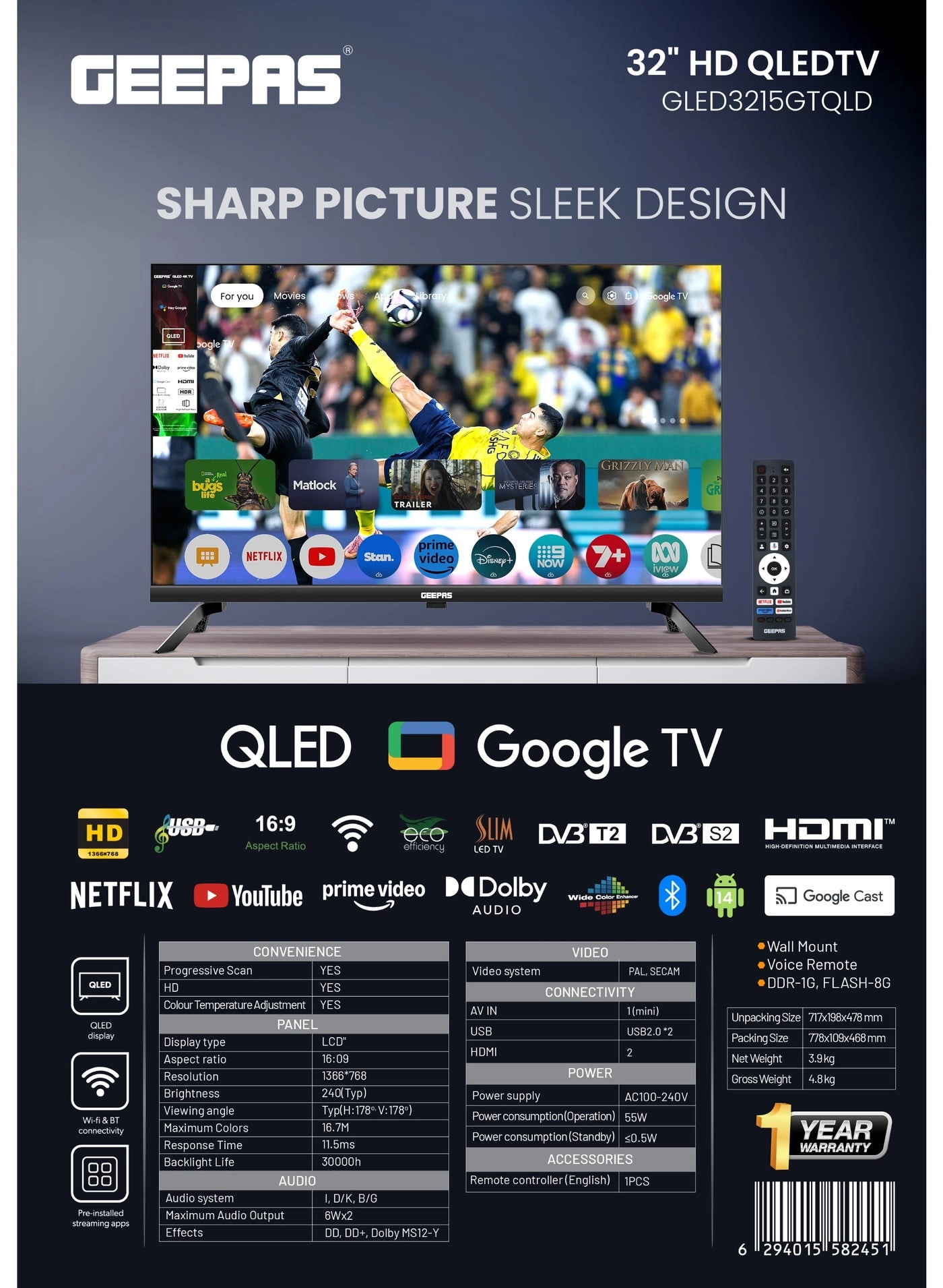 GEEPAS GLED3215GTQLD - 32-Inch