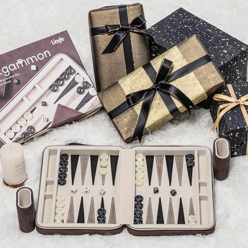 Backgammon Set - Foldable Leather Backgammon Case 30 Artificial Horn Checkers