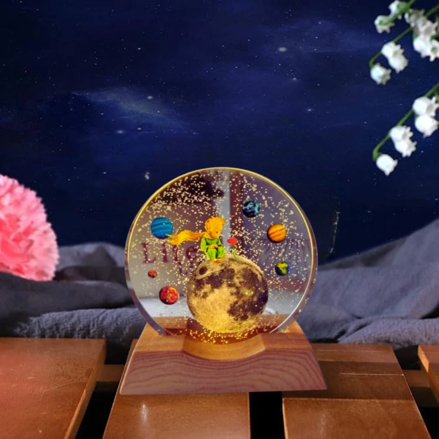 3D Acrylic LED Night Light - Warm White Moon and Stars