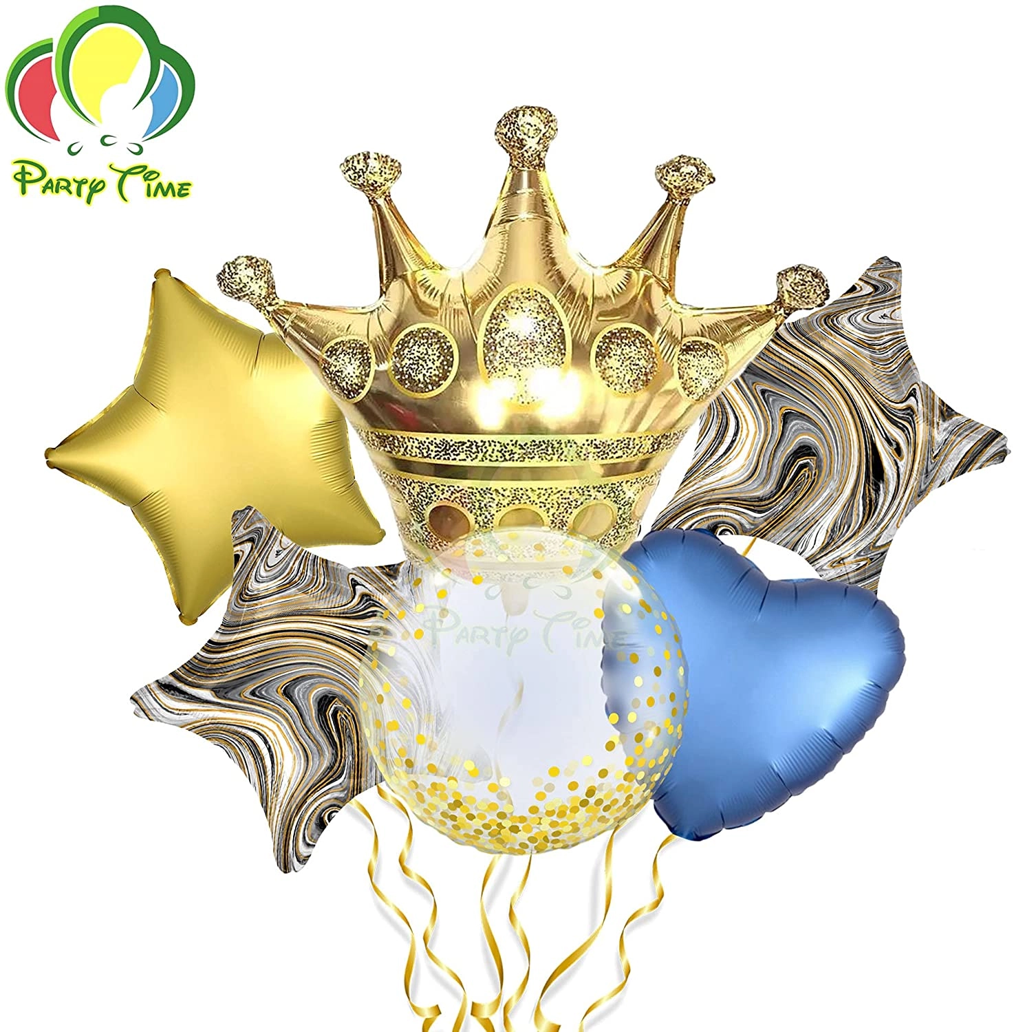 Party Time Trading LLC Gold Crown Foil Balloon + Black Marble Foil Balloon + Blur Heart Foil Balloon + Gold Star Foil Balloon + Clear Gold Dotted Balloon - 6-Pieces Wedding Bridal Shower Birthday Party