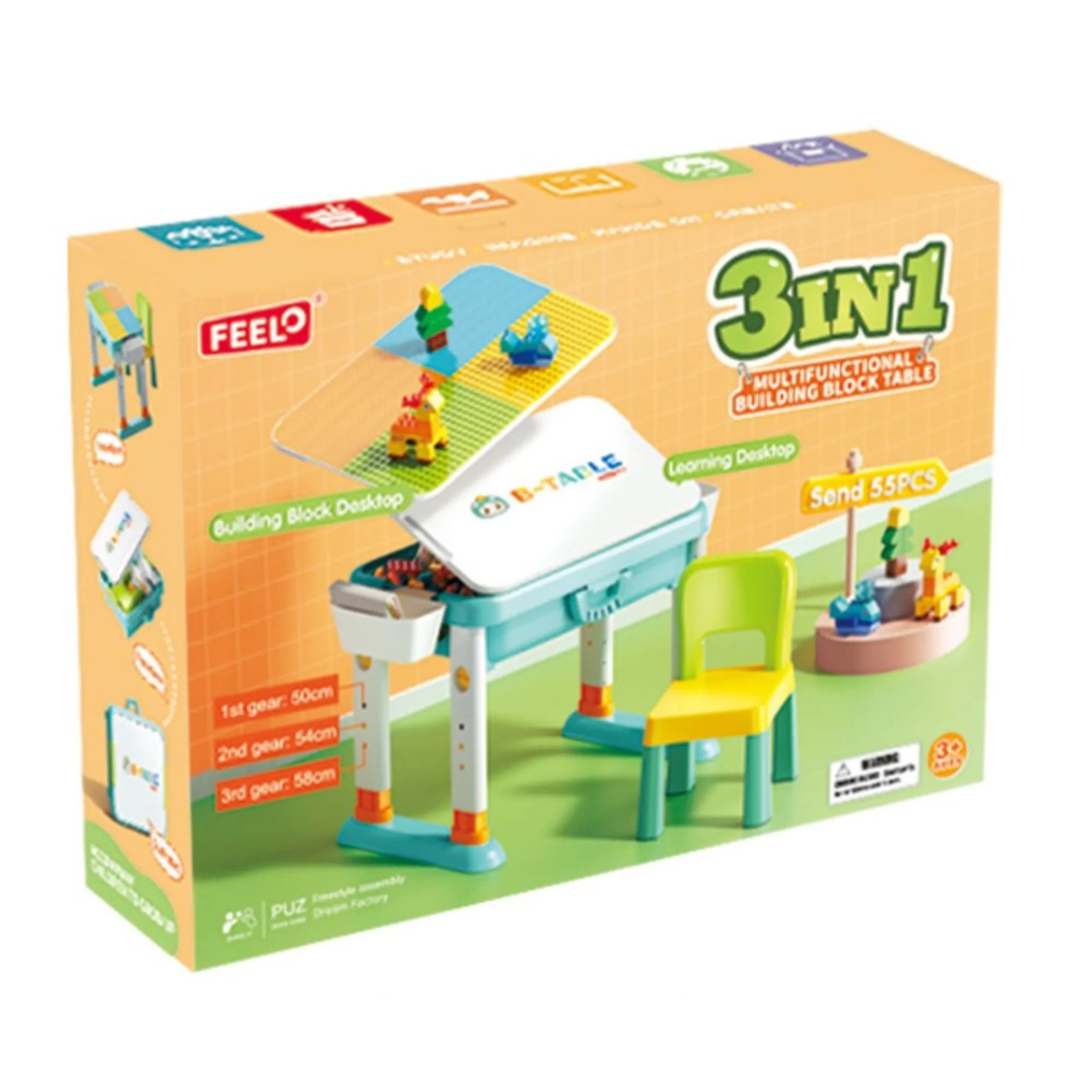 FEELO 3-In-1 Multifunctional Building Block Table & Chair Set - 55 pcs