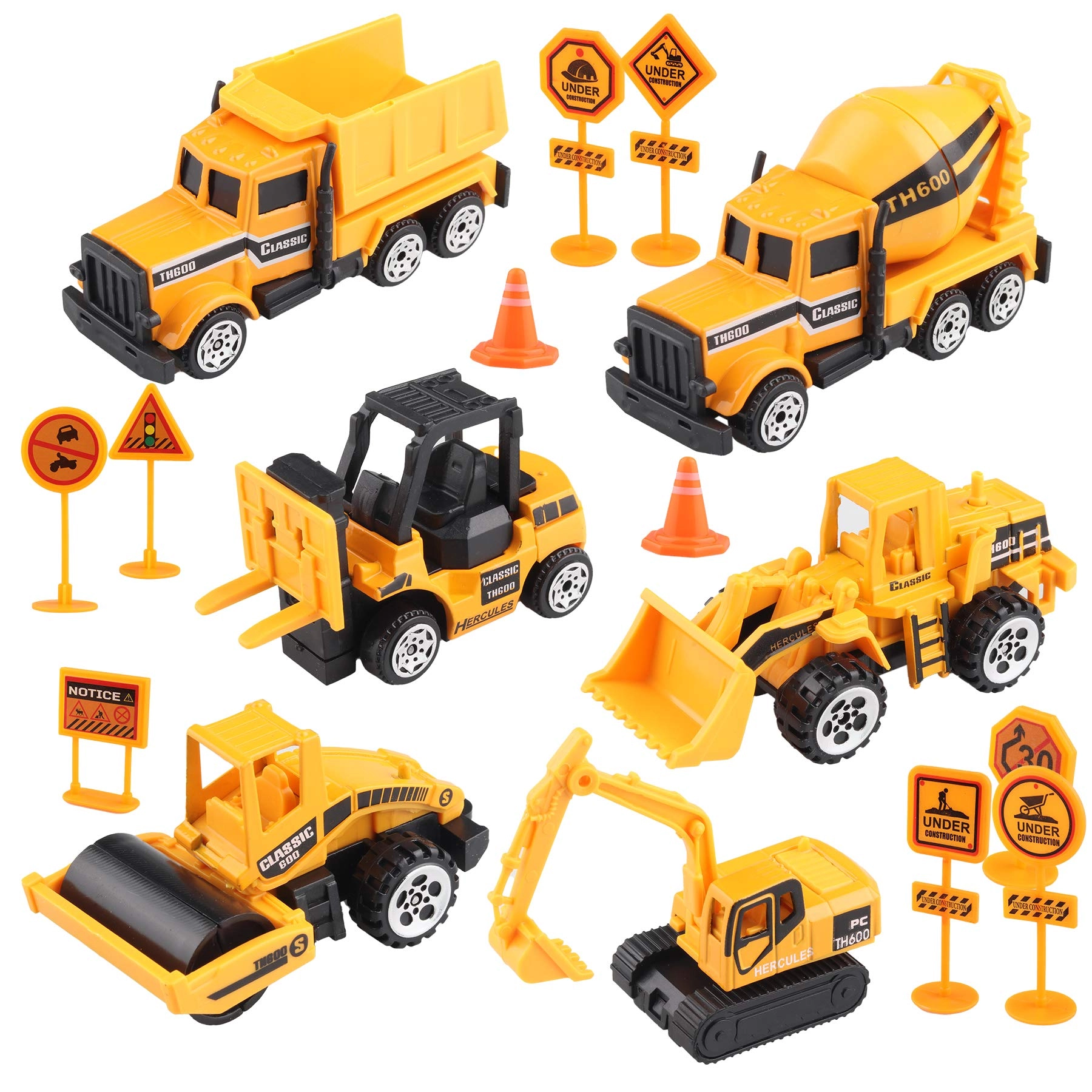 Sunarrive trade co.Ltd Excavator + bulldozer + dump truck + forklift + cement mixer + steamroller + construction site sign - Construction Vehicles