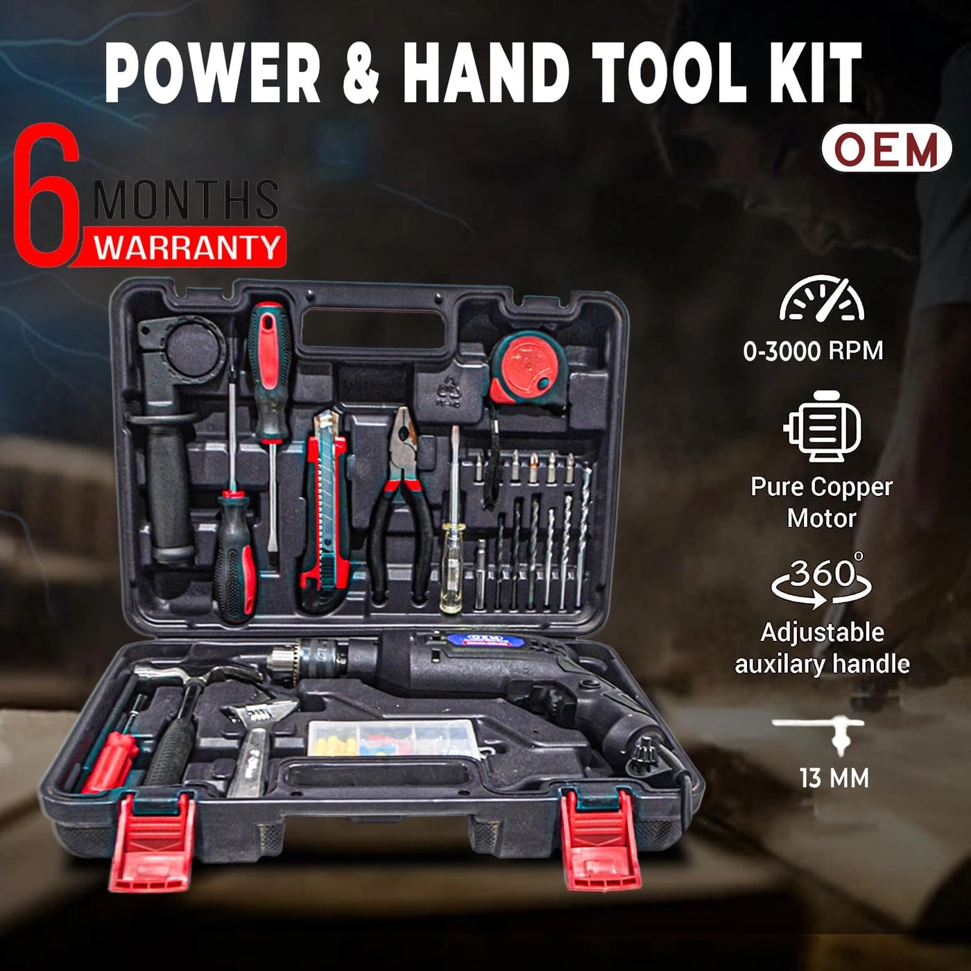 13mm Impact Drill - 500W + Screw driver + tester + Utility Life + combination Plier + 3m measuring tape + Mansory Drill + HSS drill + Screw Driver Bits + magnetic bit holder + As handle + Hammer + Adjustable Wrench + plugs and Screw