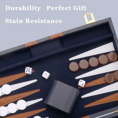 Backgammon Set - Premium Leather Case Blue Grey