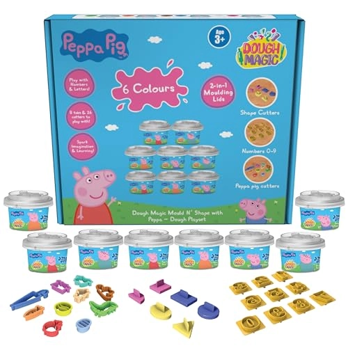 Dough Magic Mould N' Shape with Peppa Dough Playset - 3+ years 8xDough Tubs 10XPeppa Cutters,10XNumber & 6xShape Cutters