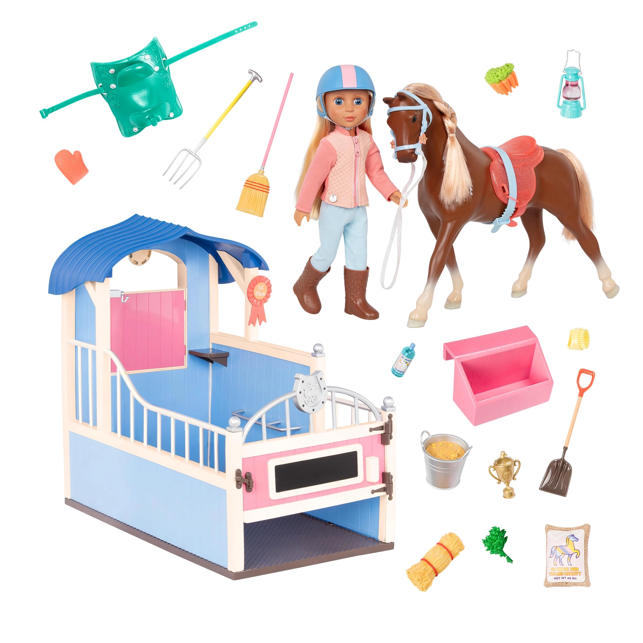 Branford Milla Doll - 14-inch Blonde Hair Blue Eyes + Milkyway Horse - Brown Coat + Horse Stable - 25-piece Ages 3+