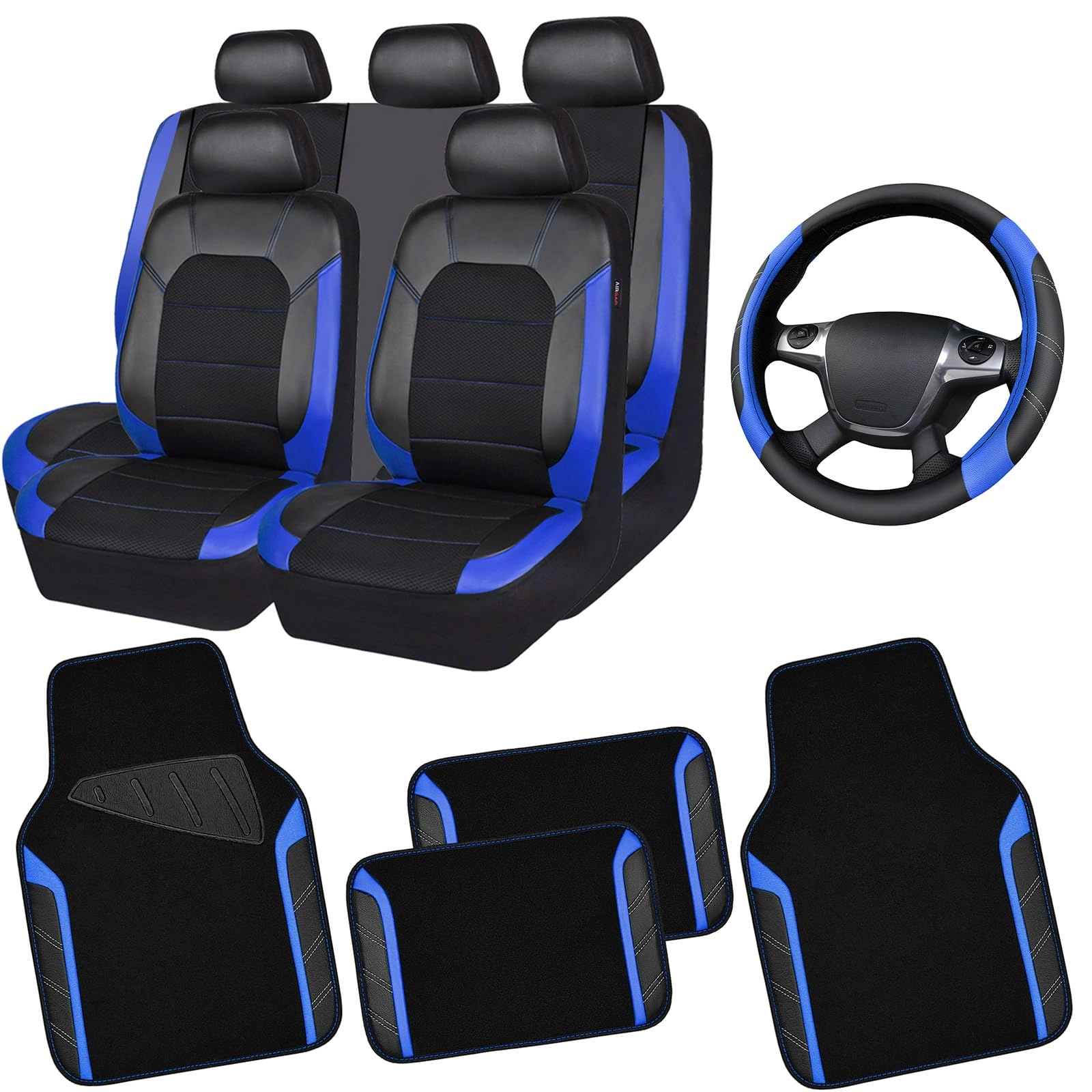 Car Seat Covers - Air Mesh Leather + Car Floor Mats - Waterproof + Steering Wheel Cover - Sporty