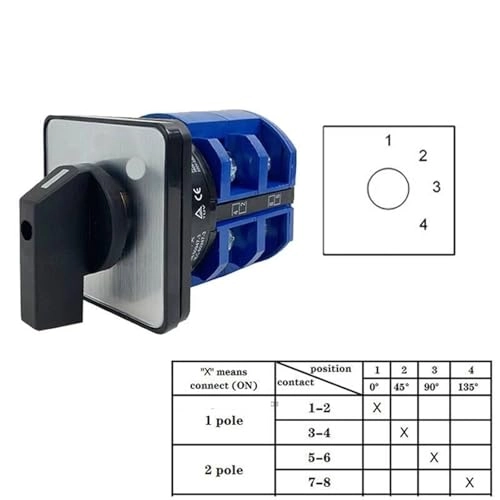 Changeover Cam Hands Rotary Switch - 63A 2 Pole 8 Terminals IP65