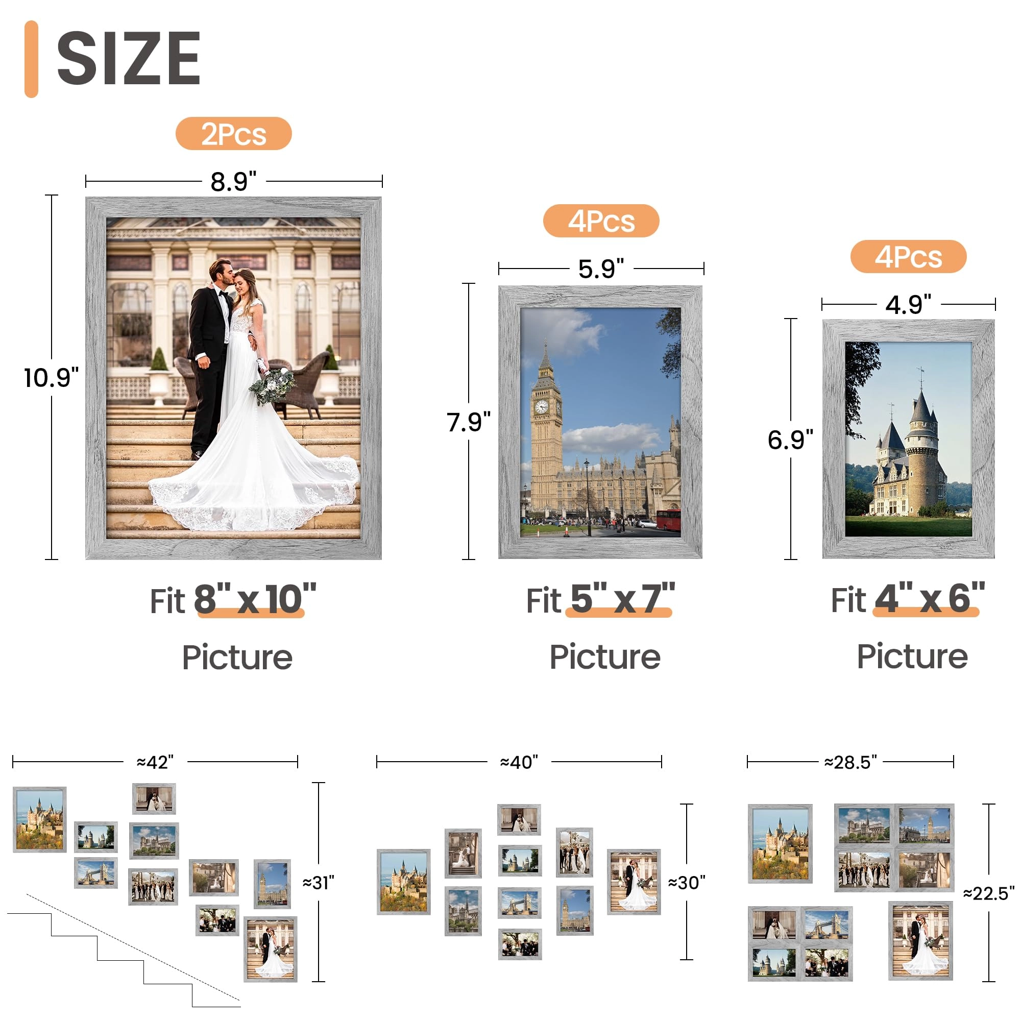10 Pack Picture Frames - 8x10, 5x7, 4x6