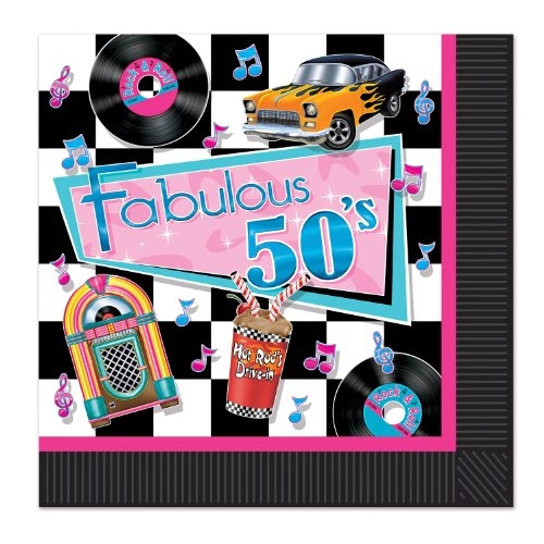 Fabulous 50s Table Cover + Plates + Luncheon Napkins + Cardboard Jukebox Centerpiece - 34 pieces Birthday