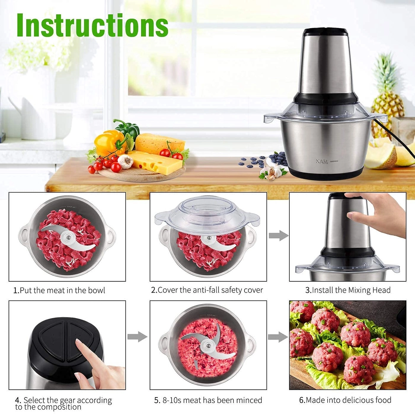 Electric Meat Grinder - 220W 2L Stainless Steel Blades