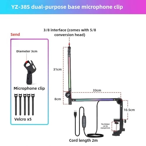 Microphone Boom Arm - With Light Multi Directional Adjustable