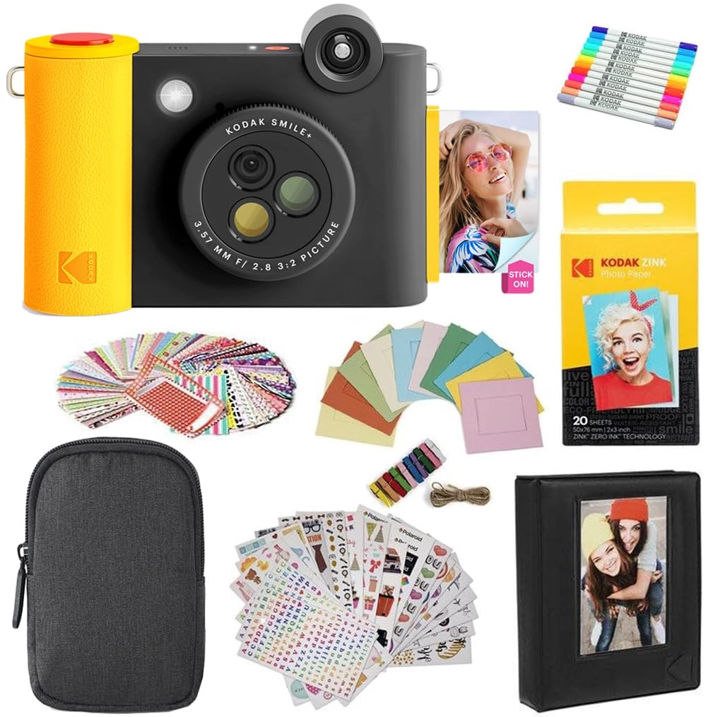 Smile+ - 2-in-1 Digital Instant Print Camera + Case + Zink 20pk 2x3 Sticky Back Photo Paper + Album + Sticker Sets + Sticker Frames + Markers
