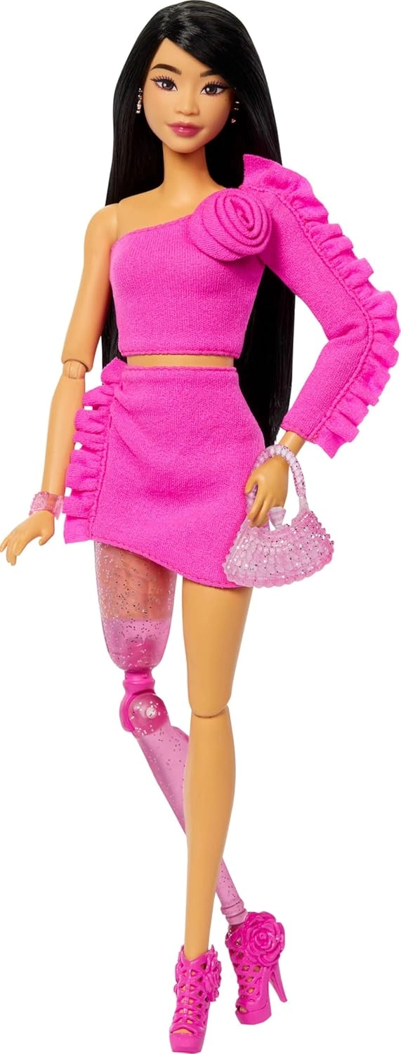 Barbie Deluxe Style Doll - Glittery Prosthetic Leg Black Hair Pink Top And Skirt Set Ages 4+