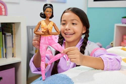 Barbie Made to Move Fashion Doll - Black Hair Yellow Sports Top Pink Yoga Pants 22 Bendable Joints