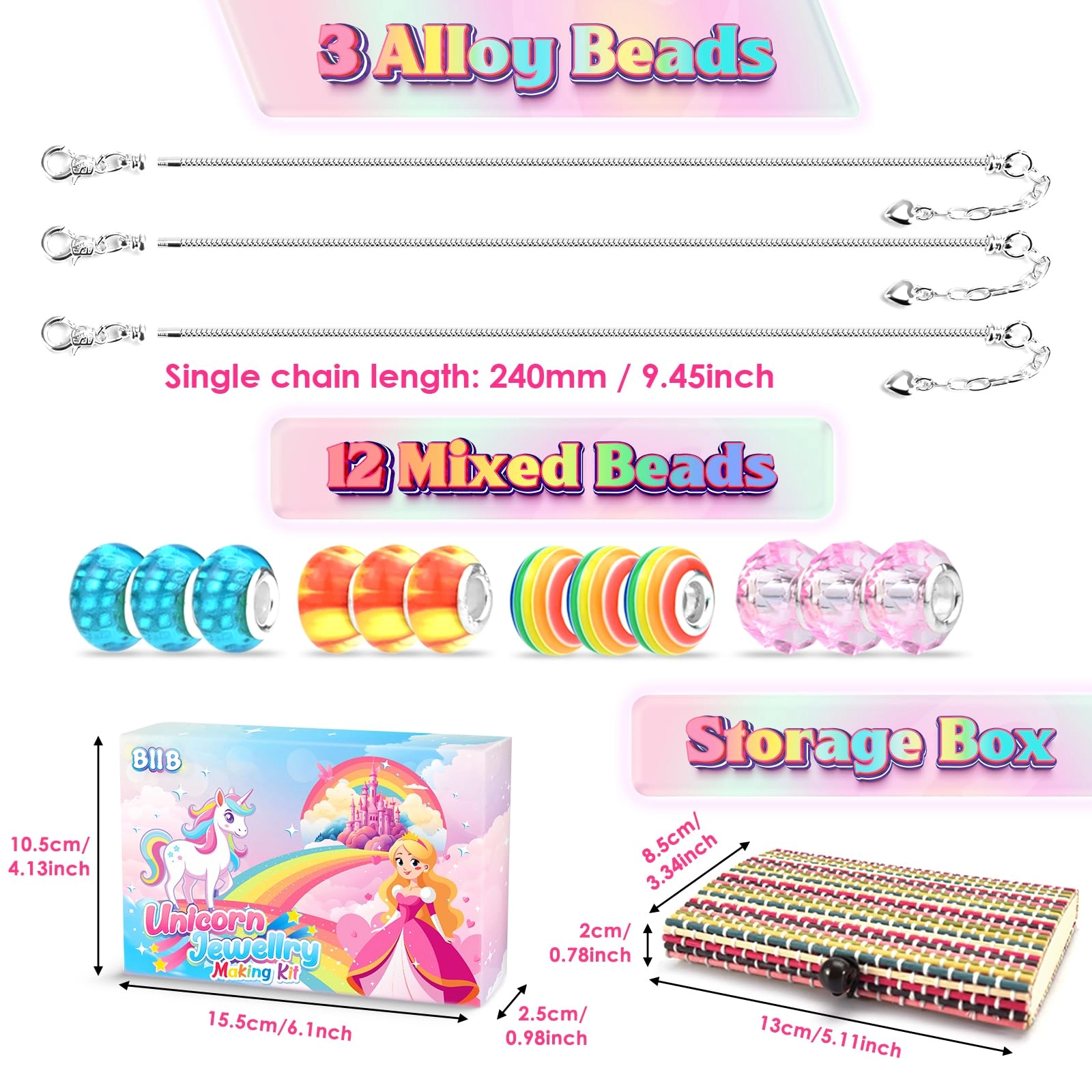 Unicorn Bracelet Jewellery Making Kit - Rainbow Mixed 3 Bracelets Customizable Charms