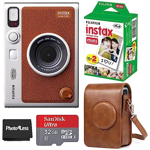 Instax Mini EVO - Brown + Instax Mini Instant Film Sheets - 60 Sheets + microSD Memory Card - 32GB + Small Padded Carrying Case + SD Card Reader + Microfiber Cleaning Cloth