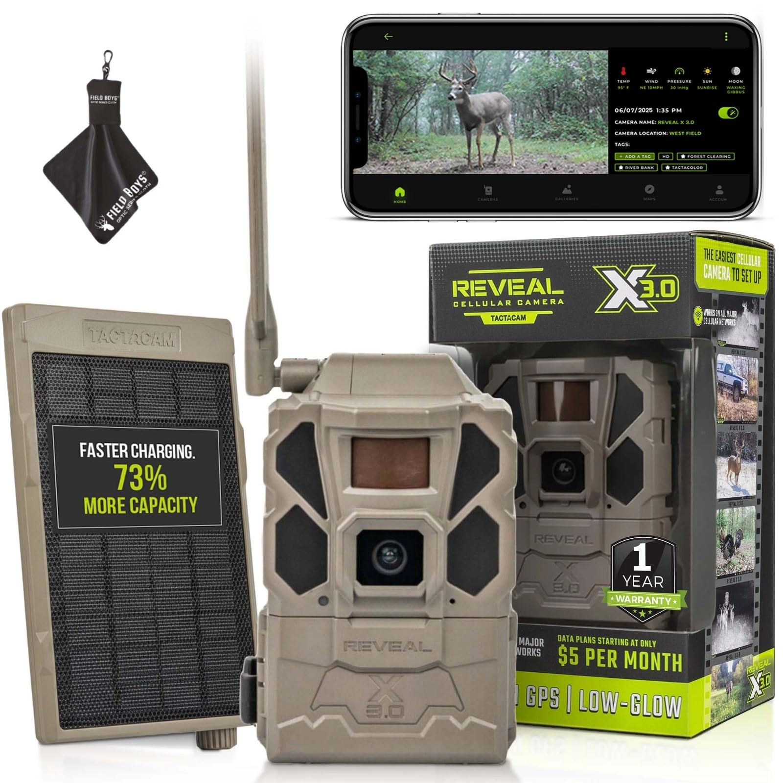 Tactacam Reveal X 3.0 - 1080p Cellular + Reveal Solar Panel + Microfiber Cleaning Cloth