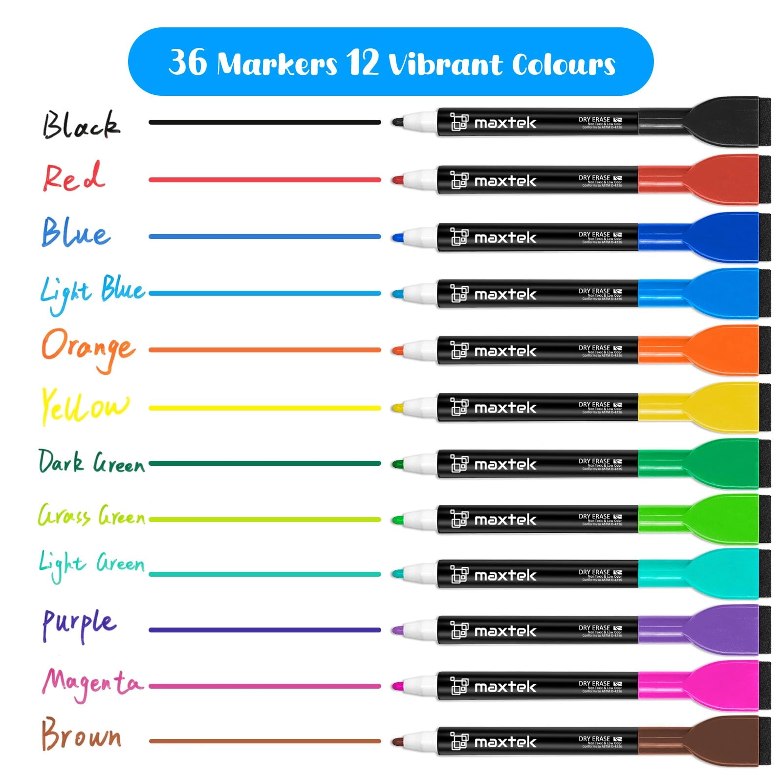 36 Pack Magnetic Whiteboard Pens - 12 Colours Fine