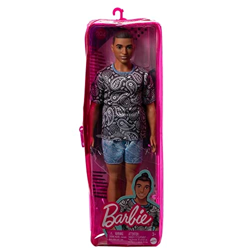 Ken Doll - Plastic Vinyl Brown Hair in Bun Paisley Tee and Shorts Ages 3+