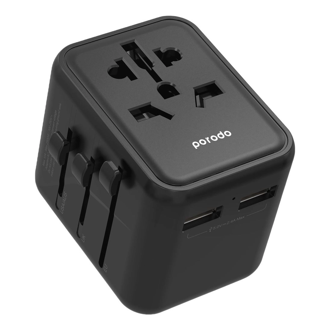 Porodo Dual USB-A Universal Travel Adapter - 2.4A Black