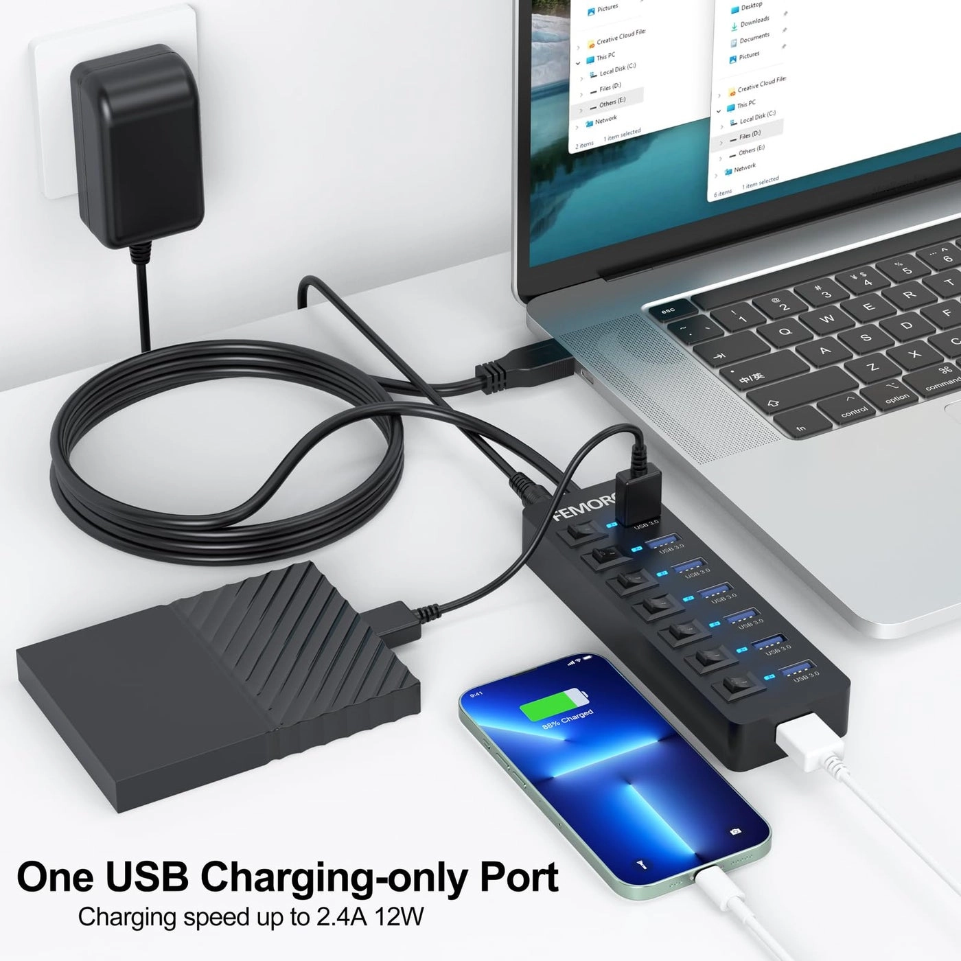 Powered USB Hub 3.0 - 5Gbps 7 Ports 12W Charging