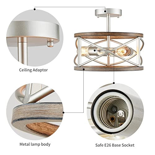 Chandelier - 3 Lights Imitation Nickel & Wood