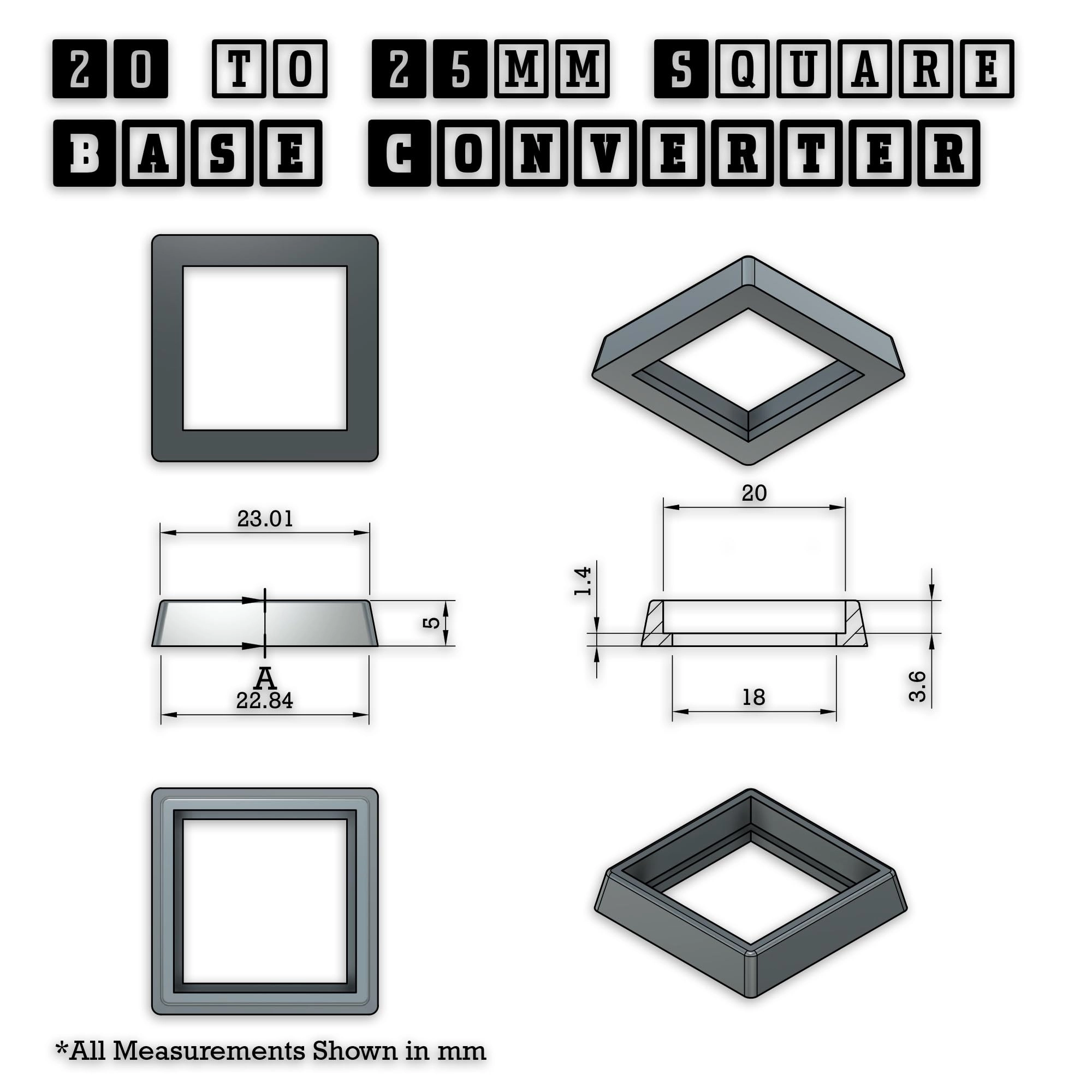 20 to 25mm Square Bases Size Converters - 100 pcs square and other shapes