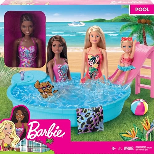 Doll - Brunette Seafoam Blue One-Piece Swimsuit + Pool Playset - Pool Slide Ages 3+