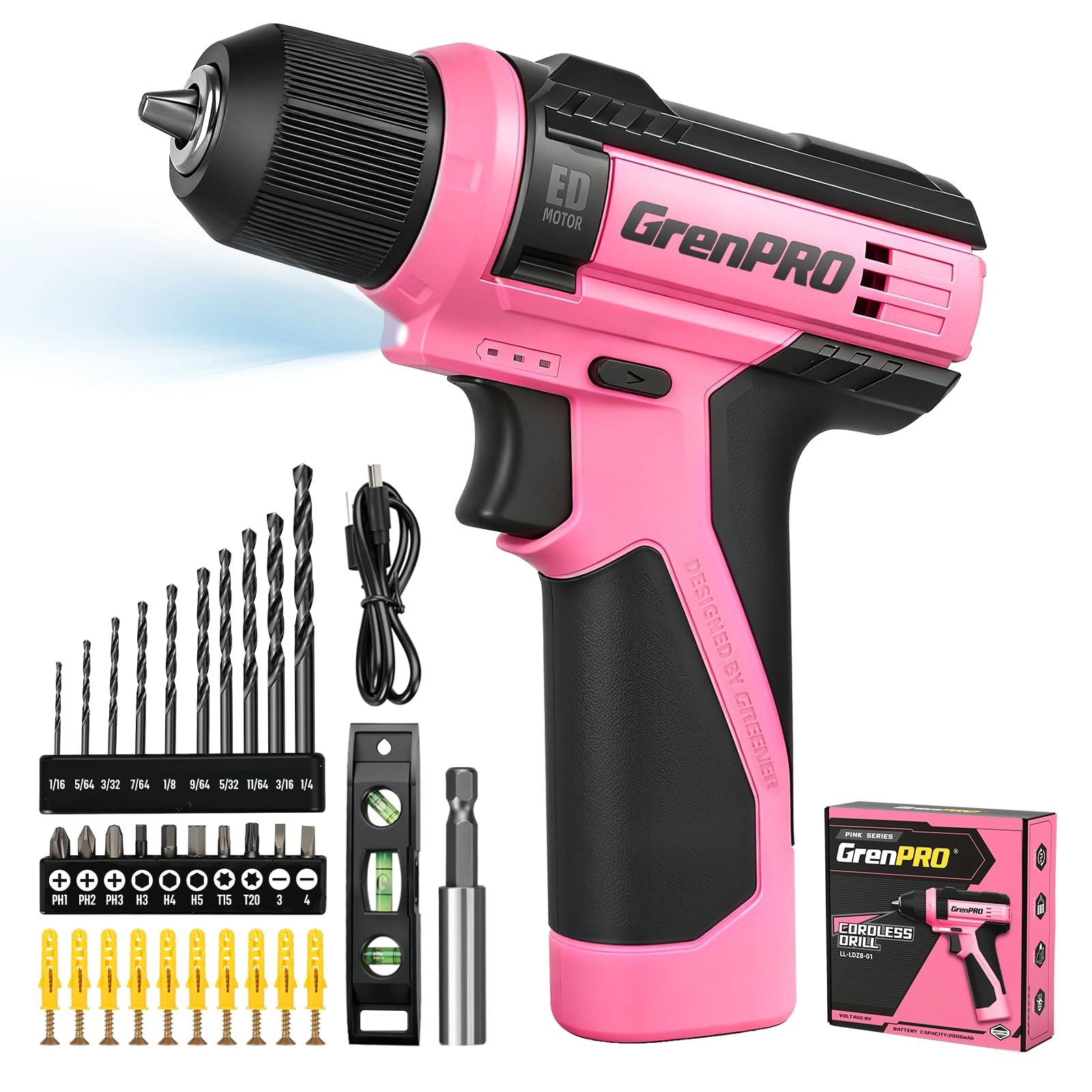 GRENPRO Cordless Drill - 8V Pink 3/8" Keyless Chuck