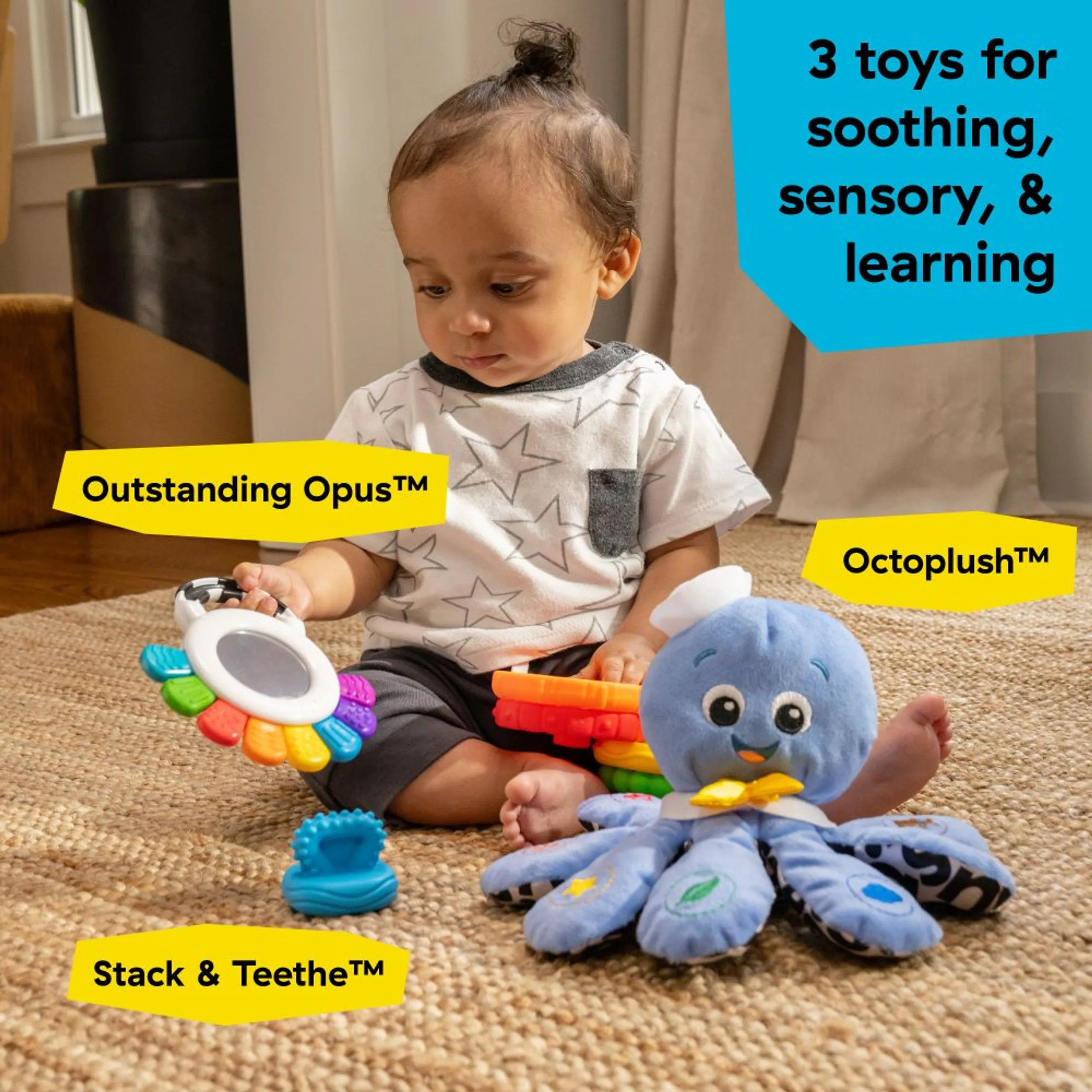 Opus Sensory Rattle & Teether + Octoplush Musical Toy + Stack & Teethe Teether Toy - Suitable for 3 to 12 mo