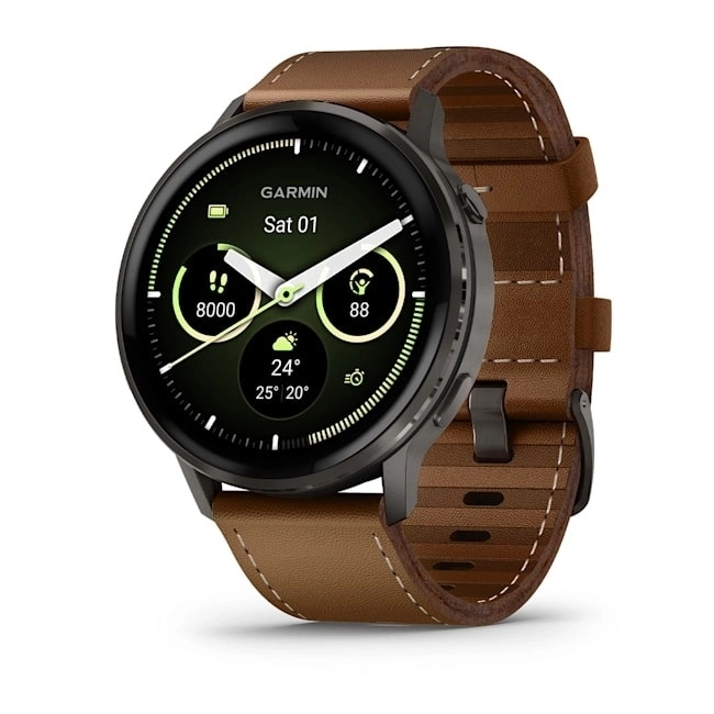 Garmin Venu 4 45mm - Slate Black Silicone Band Brown Leather Band