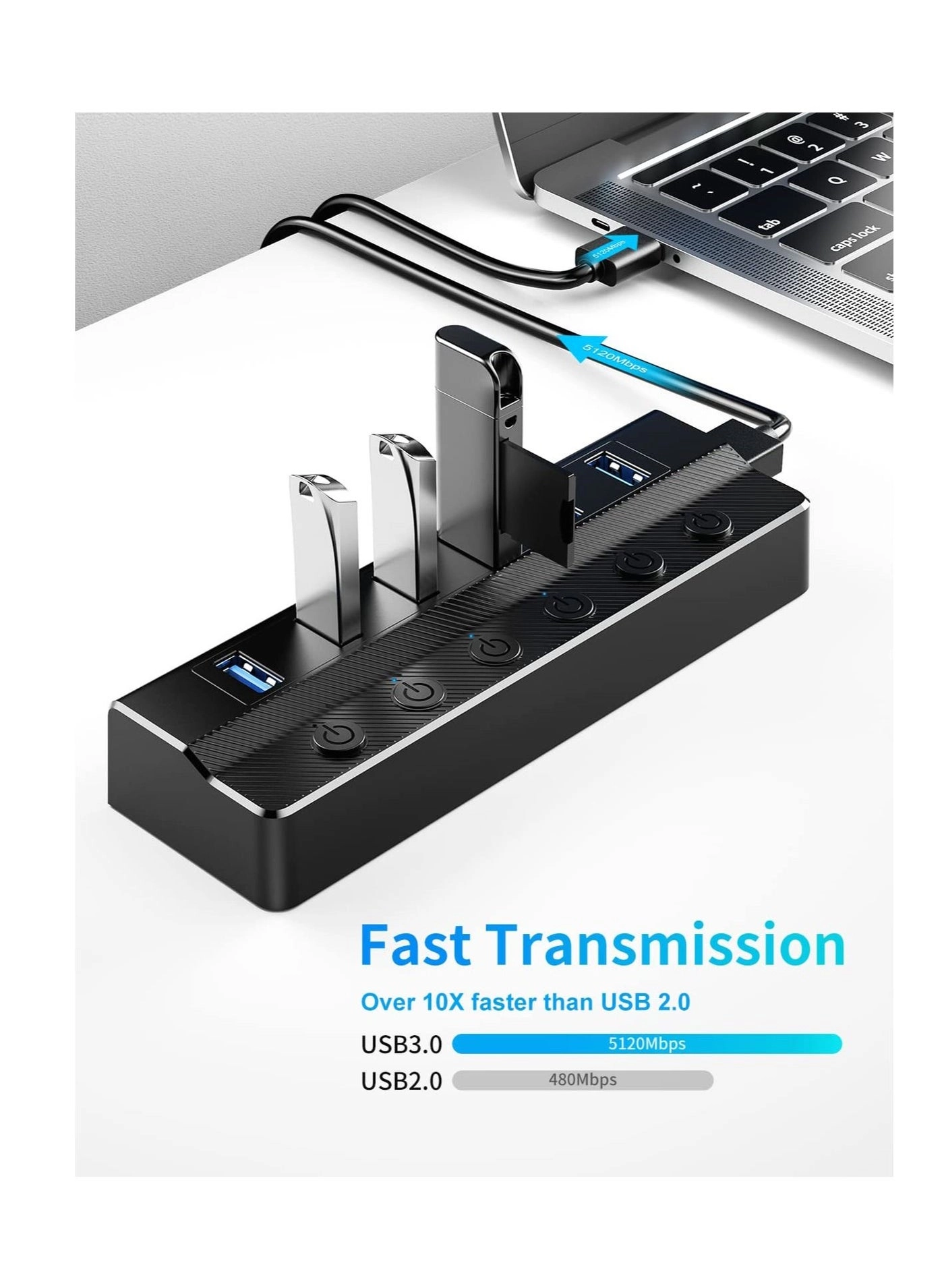 USB 3.0 Hub - 6-Port 5Gbps 3.3ft Cable