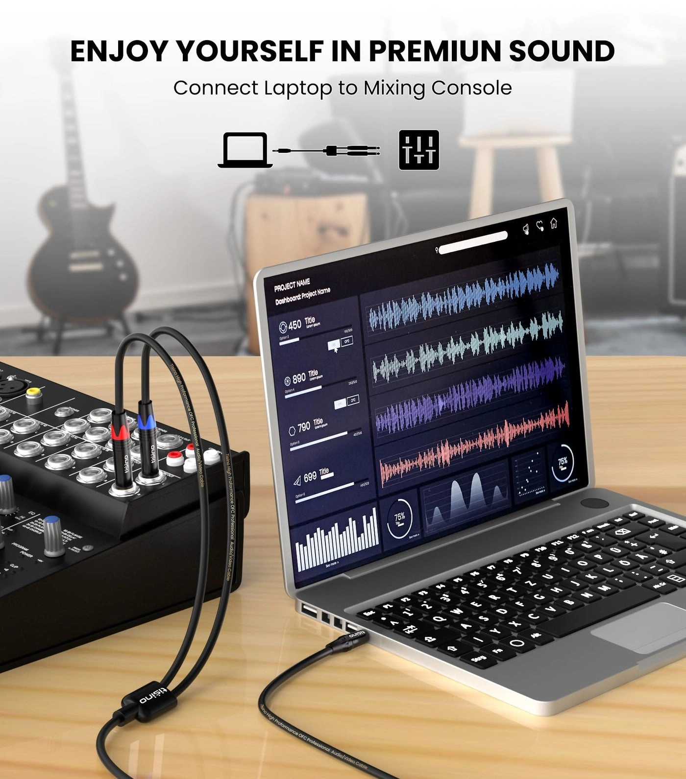 1/8 to 1/4 Stereo Cable - 6.6 feet