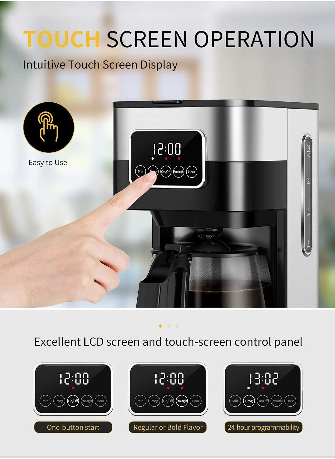 Automatic Electric Coffee Maker - 10 Cups Keep Warm Touch-Screen