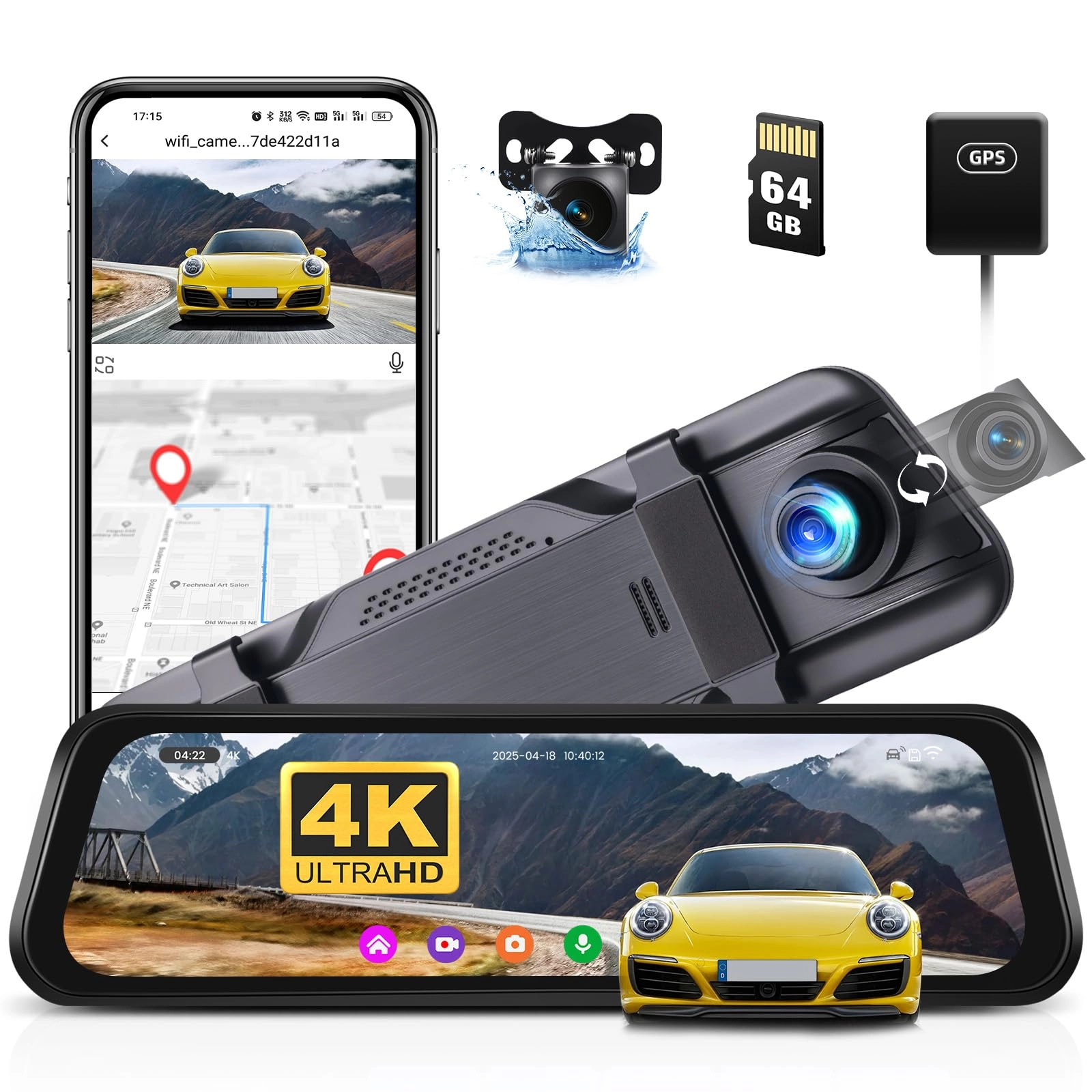 CAMECHO 9.66 Inch Mirror Dashcam - 4K 25FPS