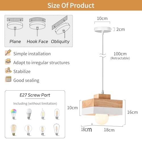 Vintage E27 Square Wood Pendant Light