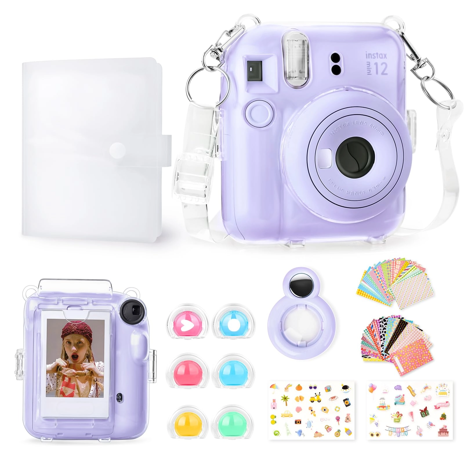 Clear Case - with Strap + Mini Photo Album - 80 Photos + Selfie Mirror + DIY Stickers - x2 + Color Filter - x4