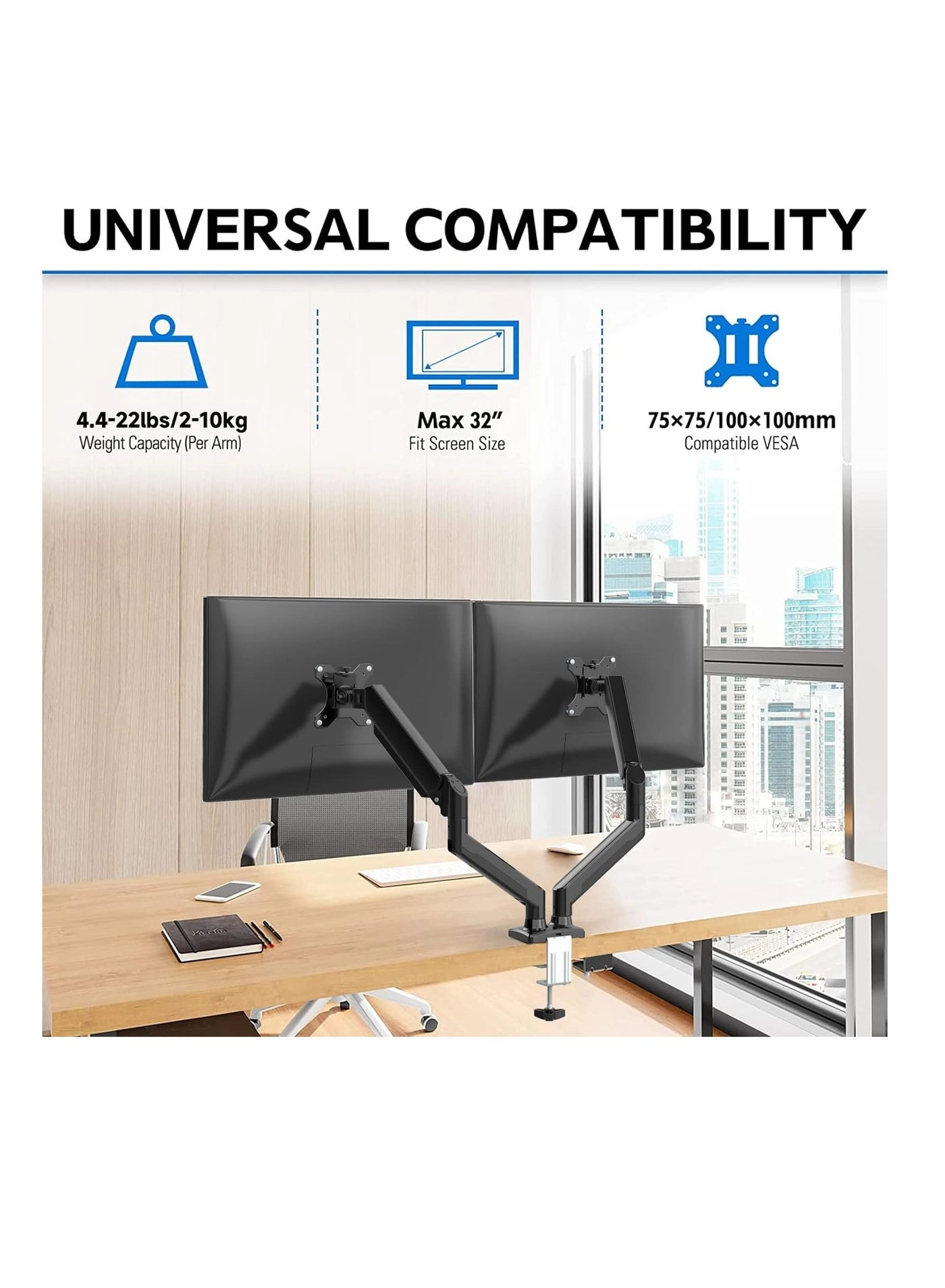 Dual Monitor Stand - 32 Inches 75x75/100x100mm