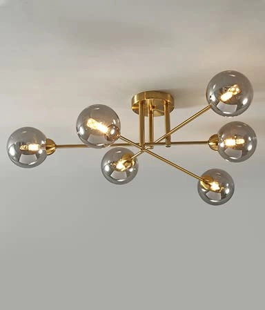 6 Light Gold Amber Glass Chandelier - Warm White