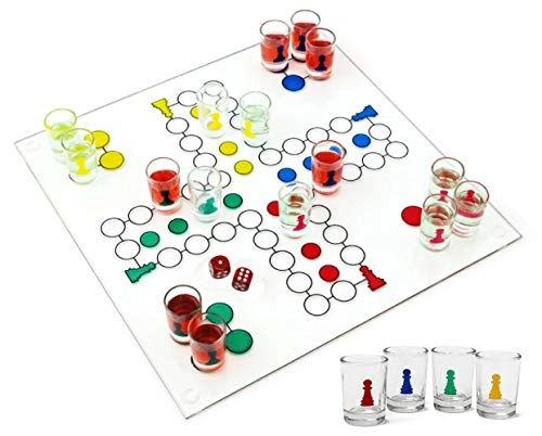Ludo Drinking Game - 16 Shot Glasses 2 Dice Glass Game Board