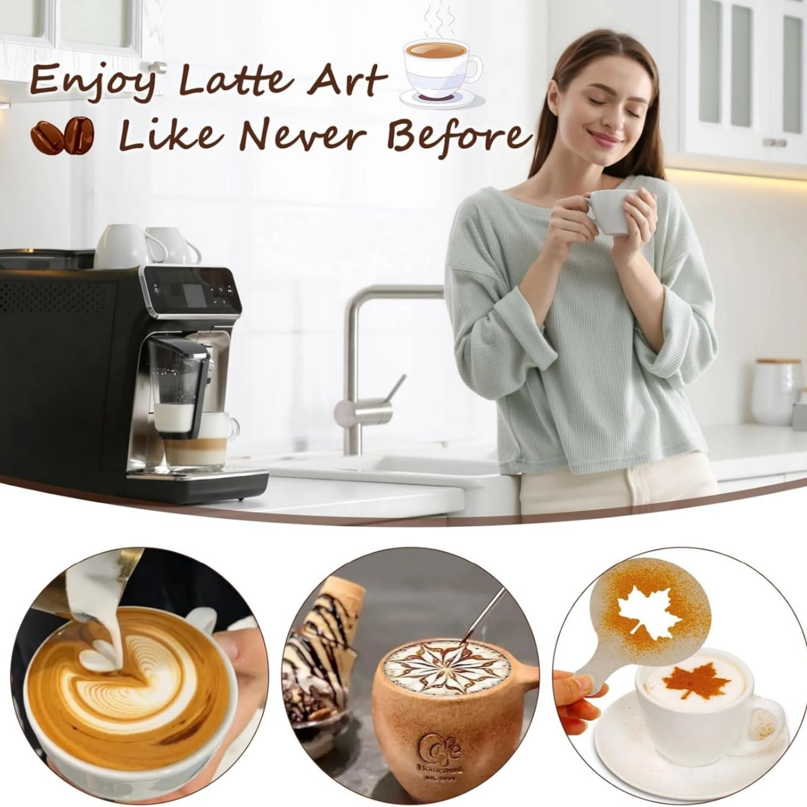 51mm Coffee Tamper + WDT Tool + Stirrer - 13.3cm + Frothing Pitcher - 350ml + Latte Art Pen - 13.5cm + Tamper Mat + Stencils - 16pcs + Dosing Funnel + Coffee Sifter Sprinkler Powder