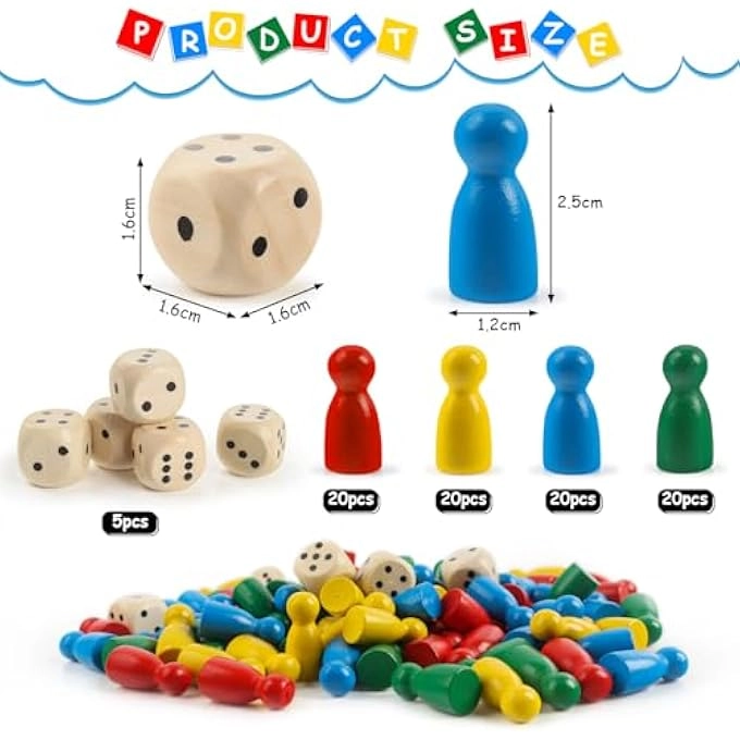 WOODEN TOY FIGURES - 80 PIECES COLOURFUL + WOODEN CUBES - 5 PIECES + WOODEN HALMA GEL